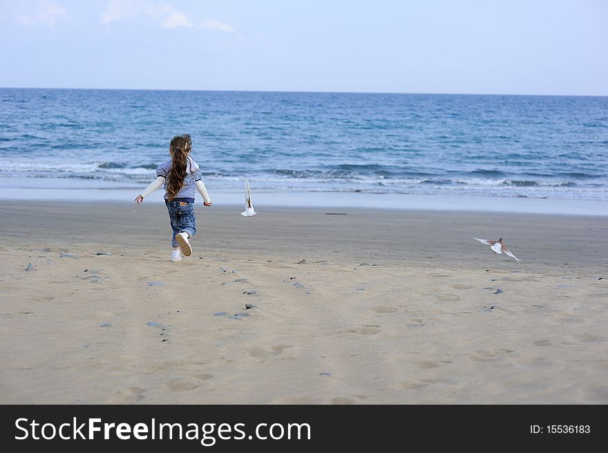 Toddler girl in sun hat on the beach with seagull
