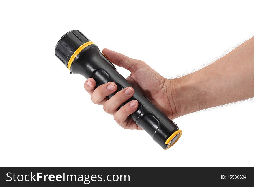 Flashlight in hand on a white background