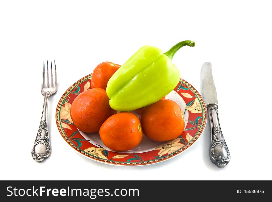 Peppers and tomatoes on plate on white bacground. This is raster image.