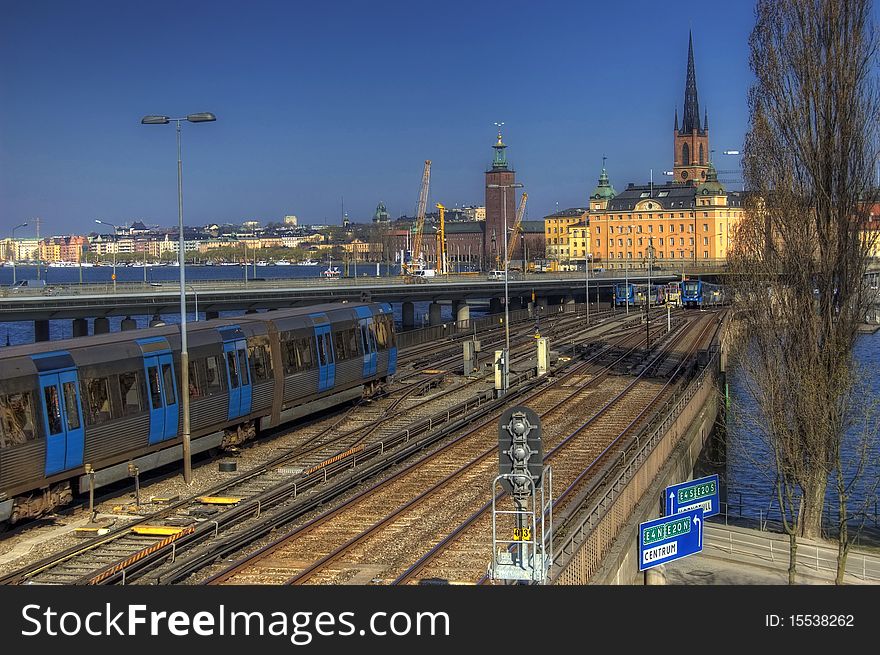 A view over railroad tracks in Stockholm, in the background you can spot the famous Riddarholm Church.