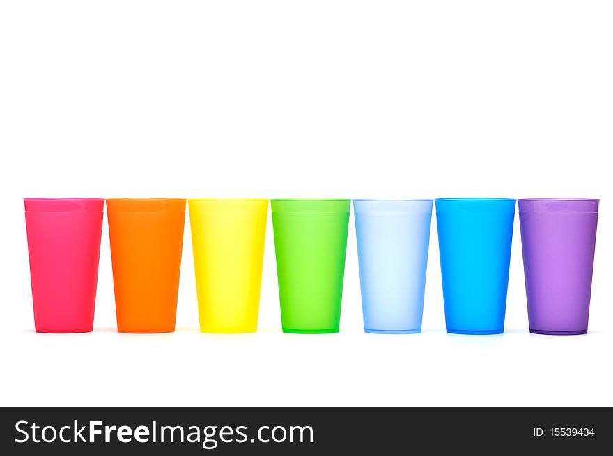 Group of bright plastic cups, rainbow colors