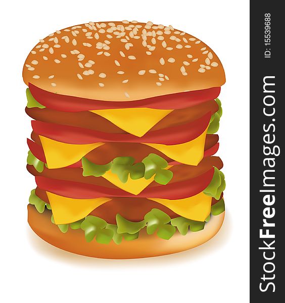 Photo-realistic illustration of the big cheeseburger isolated on the white background. Photo-realistic illustration of the big cheeseburger isolated on the white background.