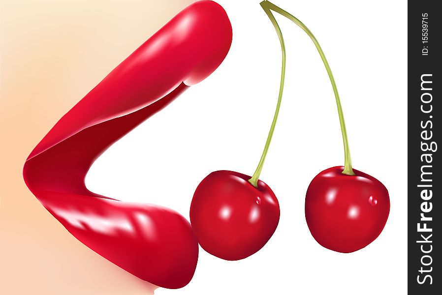 Photo-realistic  illustration. Glamour red gloss lips with cherries.