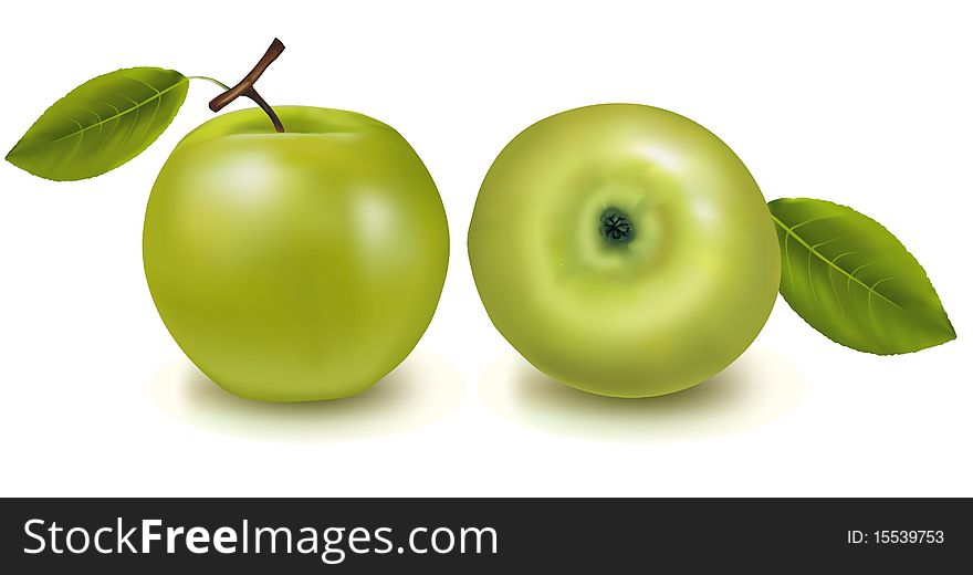 Two green apples with leaves.