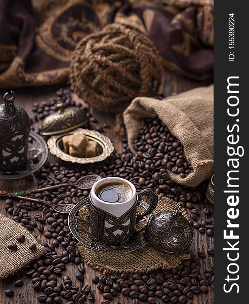 Turkish coffee in a beautiful traditional dishes