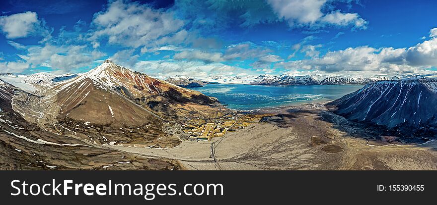 View from above over abandoned village Pyramiden