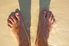 Feet Of A Man In The Fine Sand Royalty Free Stock Photography