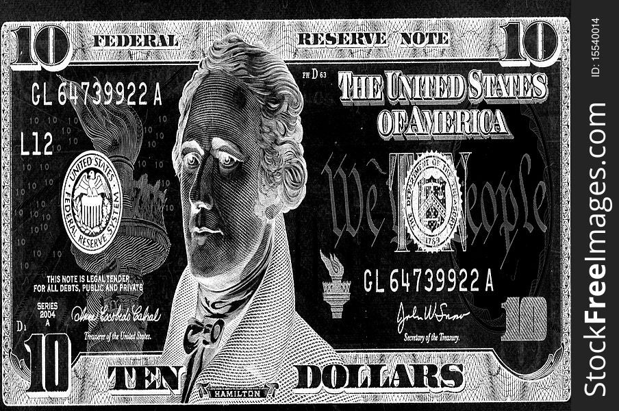 Ten dollars card in black and white