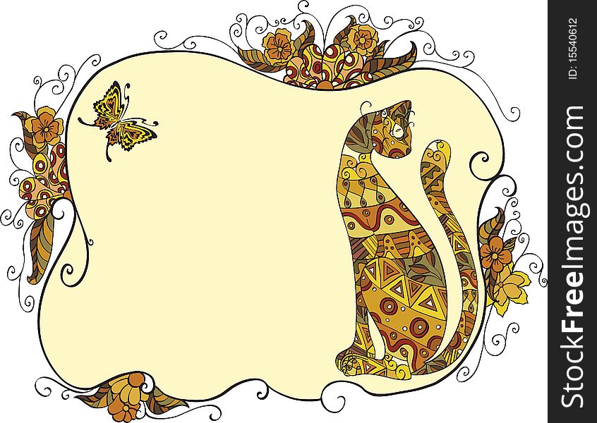 Ornate cat and floral frame in decorative style