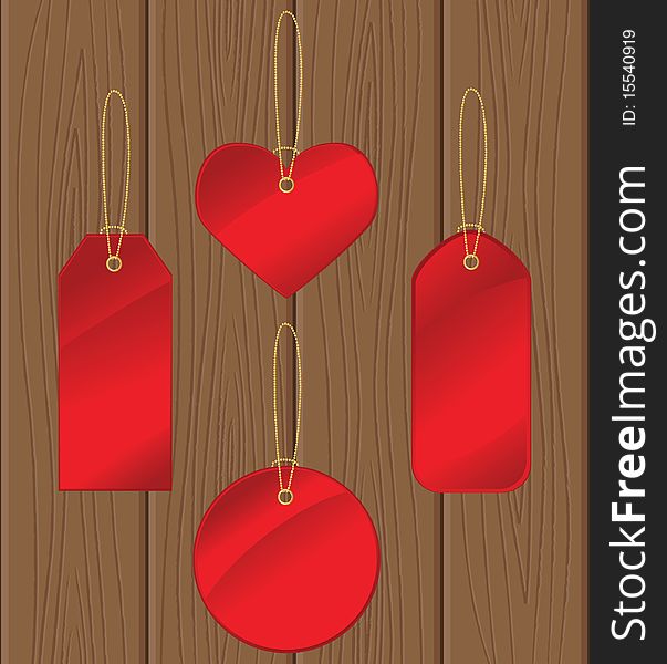 Red labels on a wooden surface. Vector