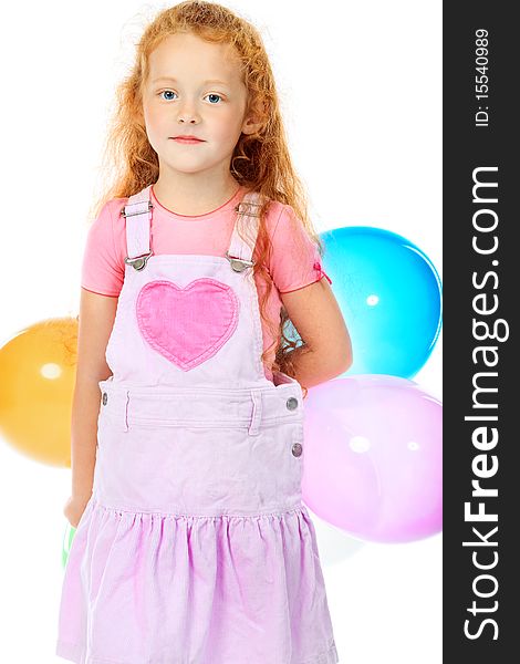 Portrait of a little girl with balloons. Isolated over white background.