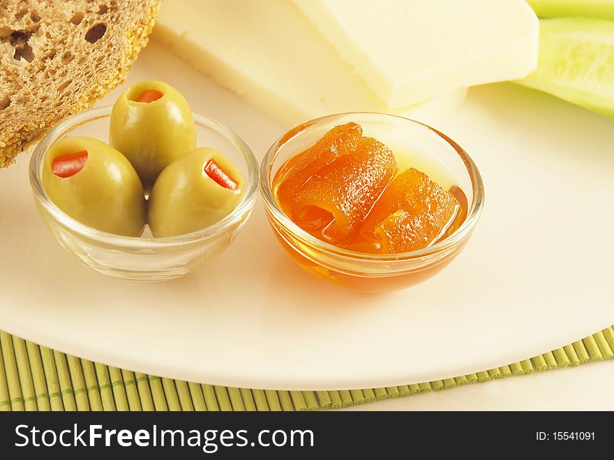 Mediterranean breakfast made of tomato cheese jam and olive