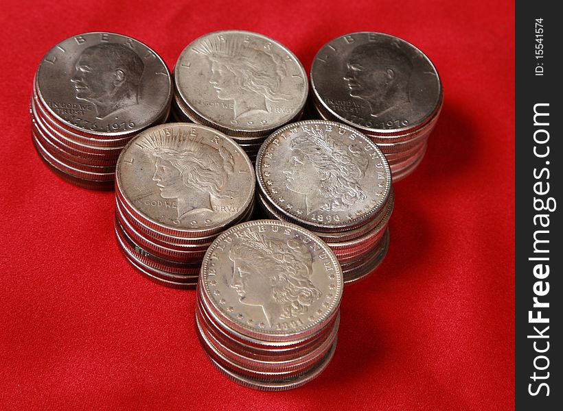 Stacks of US silver dollars
