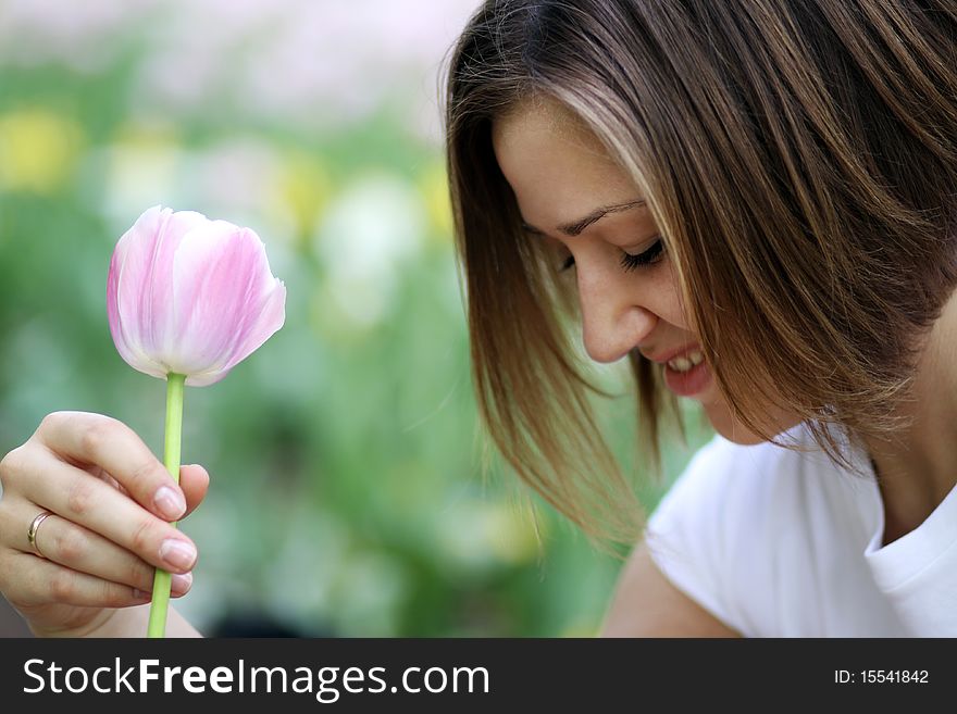 Beautiful Girl With Tulip Flowers