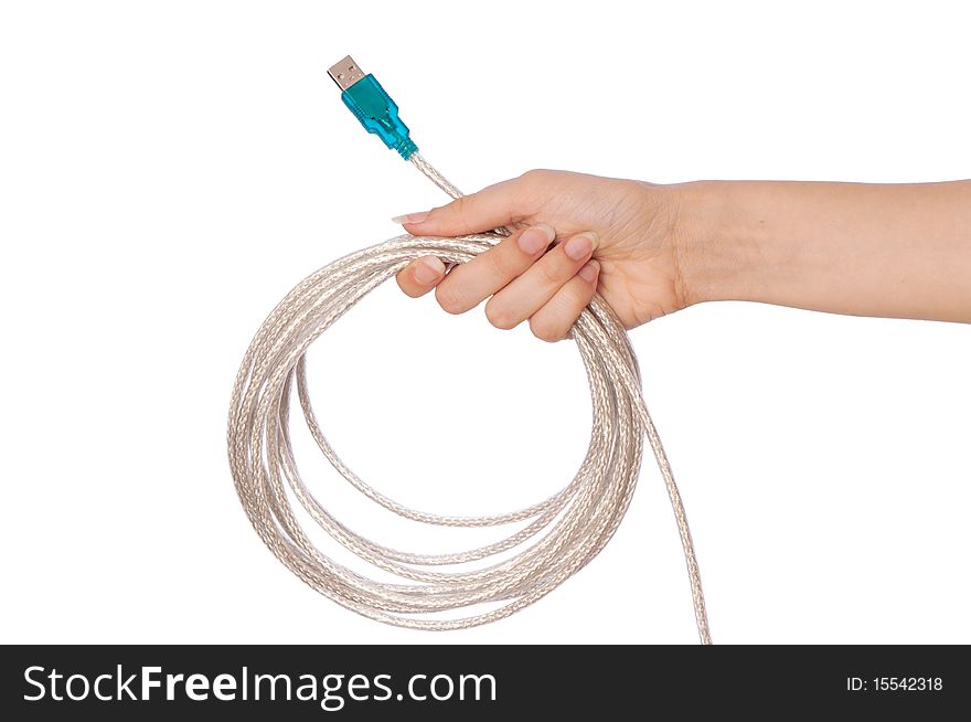 Woman holding power USB cord in the hand