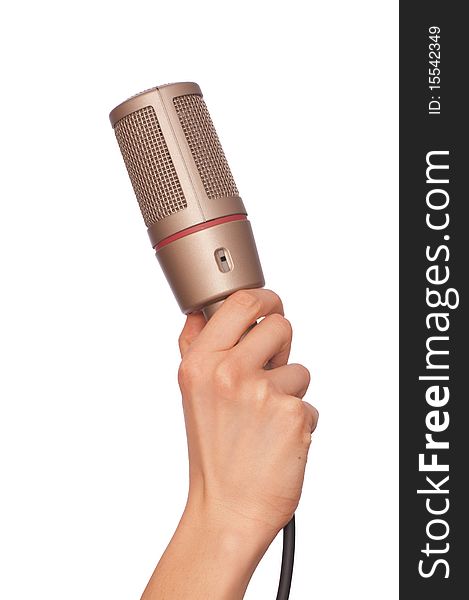 Woman holding big professional microphone for singing. Woman holding big professional microphone for singing