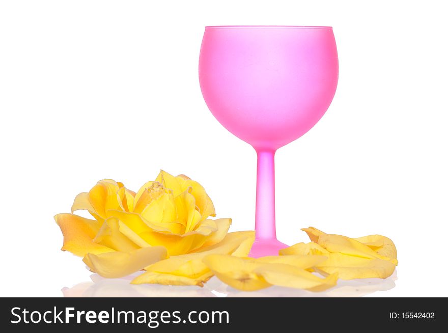 Tumbler with yellow rose on the party. Tumbler with yellow rose on the party
