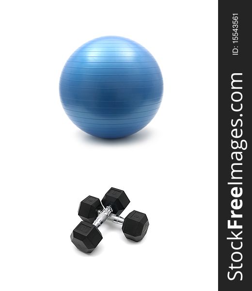 Hand weights and a fitball isolated against a white background. Hand weights and a fitball isolated against a white background