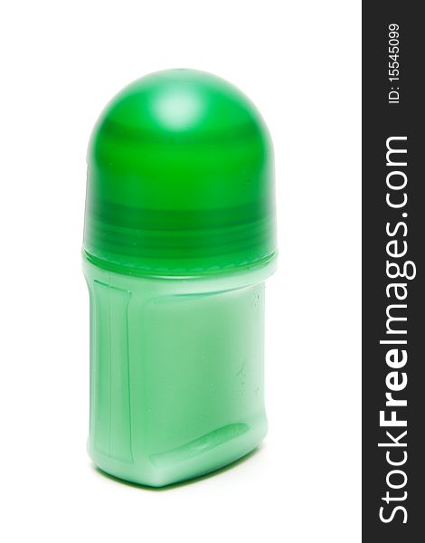 Locked green vial deodorant on white background