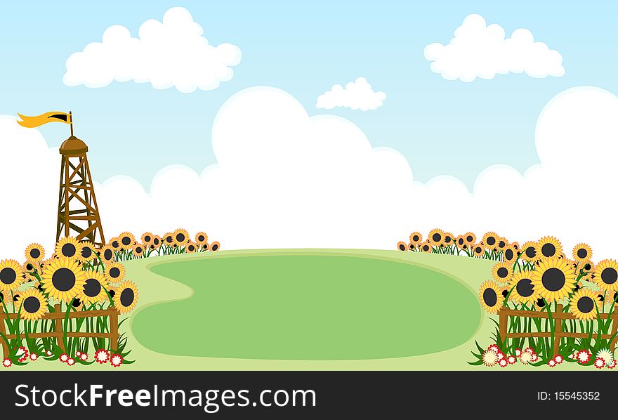 Sunflowers in village. A  illustration