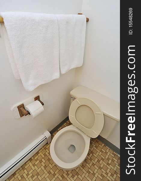 Toilet area of a hotel room. For hygiene, and cleanliness, tourism, travel and backpacking concepts