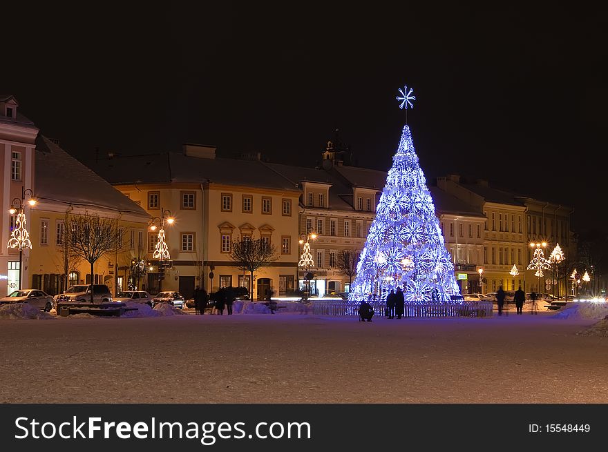 View of the square with christmas tree in Vilnius, Lithuania. View of the square with christmas tree in Vilnius, Lithuania