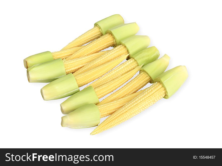 Pods, baby corn on a white background put together a beautiful sort. Pods, baby corn on a white background put together a beautiful sort