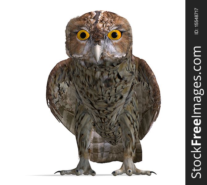 Tawny Owl Bird. 3D rendering with clipping path and shadow over white