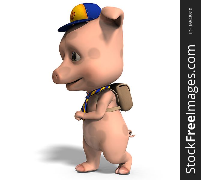 Cute toon pig as a boy scout. 3D rendering with clipping path and shadow over white