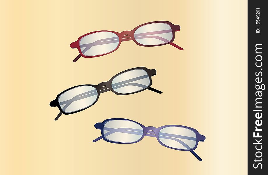 Black, red ,and blue glasses on light background. Black, red ,and blue glasses on light background
