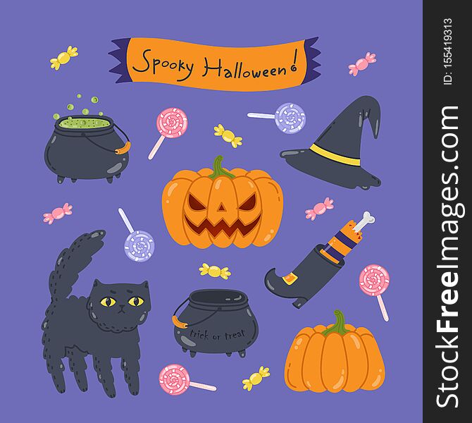 Cute Halloween set with various holiday elements such as a black cat, a cauldron with a potion, a witch`s hat, jack o lantern, sweets and so on. Cute Halloween set with various holiday elements such as a black cat, a cauldron with a potion, a witch`s hat, jack o lantern, sweets and so on.