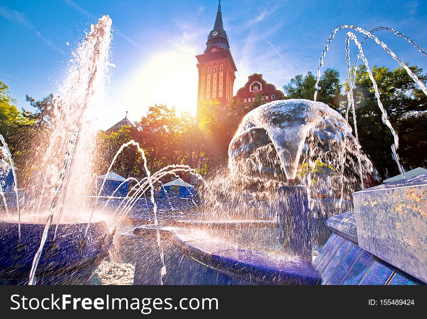 Subotica city hall and fountain square sunset view