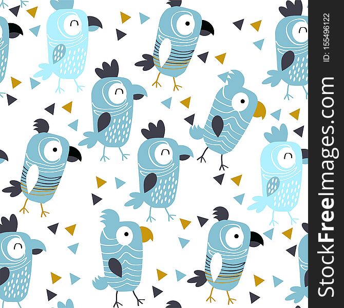 Pattern with cheerful  parrots on white background.
