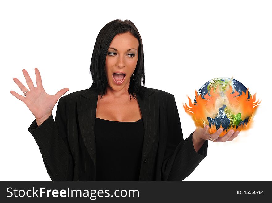 Businesswoman holding the earth on fire