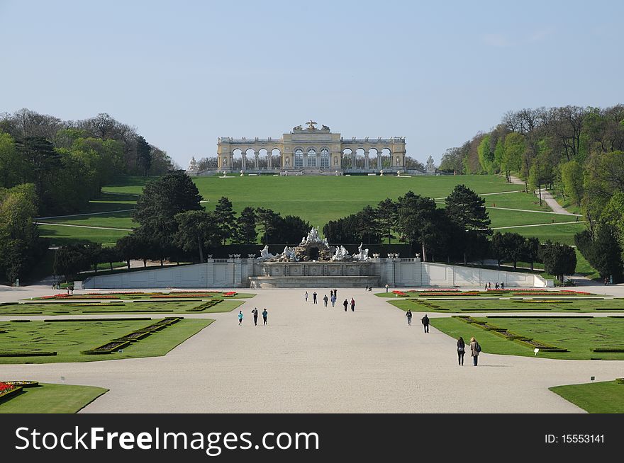 View of the Great Parterre on to the Gloriette. View of the Great Parterre on to the Gloriette.