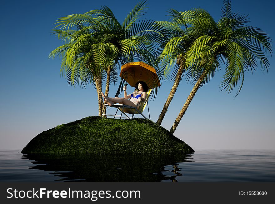 Girl resting on a green island in the sea