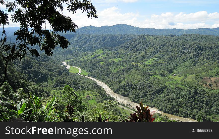 A beautiful mountain scene showing  tropical vegetation and view of the Rio Blanco,Ecuador. A beautiful mountain scene showing  tropical vegetation and view of the Rio Blanco,Ecuador