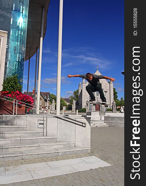 Jamie Fairbrother skate boarding at University College Cork, Ireland. Jamie Fairbrother skate boarding at University College Cork, Ireland