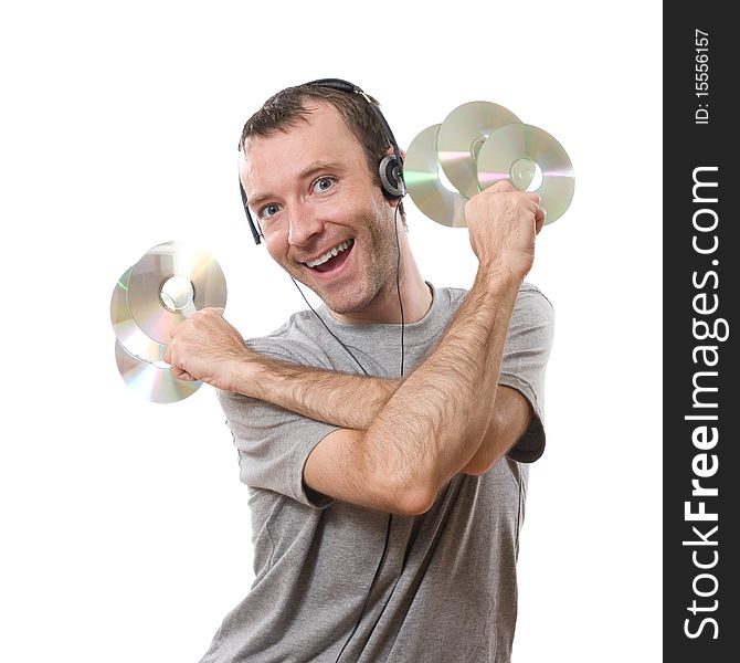 Happy man listening music iwith cds in the hands. Happy man listening music iwith cds in the hands