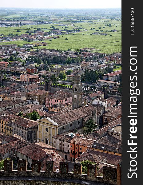 View from Scaligero Castle on Tenda Hill of the town of Soave, famous for wine and grape vineyards, Veneto, Italy. View from Scaligero Castle on Tenda Hill of the town of Soave, famous for wine and grape vineyards, Veneto, Italy