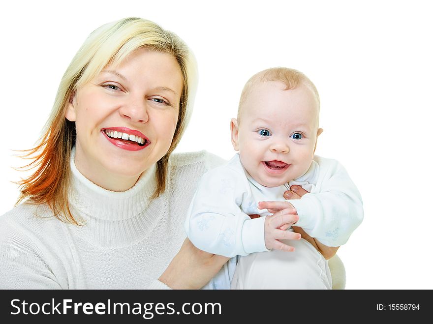 Smiling happy mother and her baby on white. Smiling happy mother and her baby on white