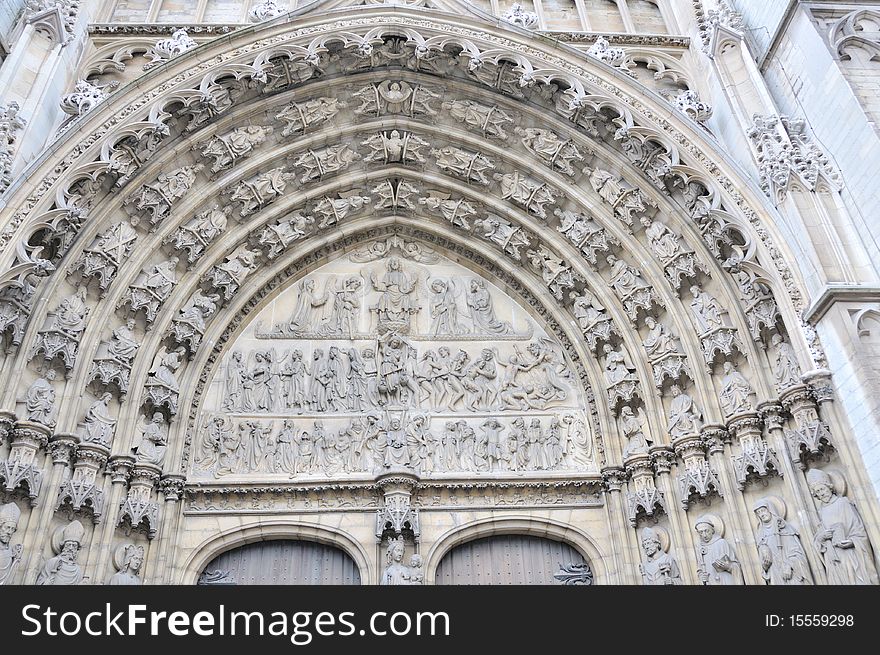 Elaborate detail of the front fasade of the Cathedral of Our Lady, the centerpiece of Antwerp, Belgium. Elaborate detail of the front fasade of the Cathedral of Our Lady, the centerpiece of Antwerp, Belgium