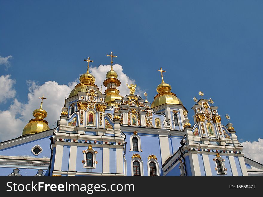 Blue orthodox church with cupolas