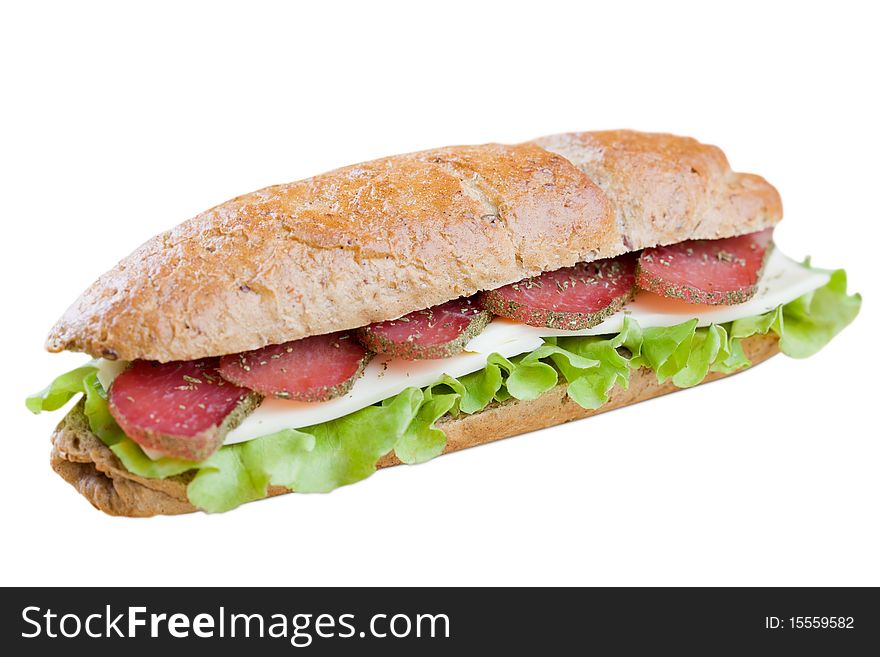 Fresh sandwich with dry meat and cheese on dietetic bread on white background