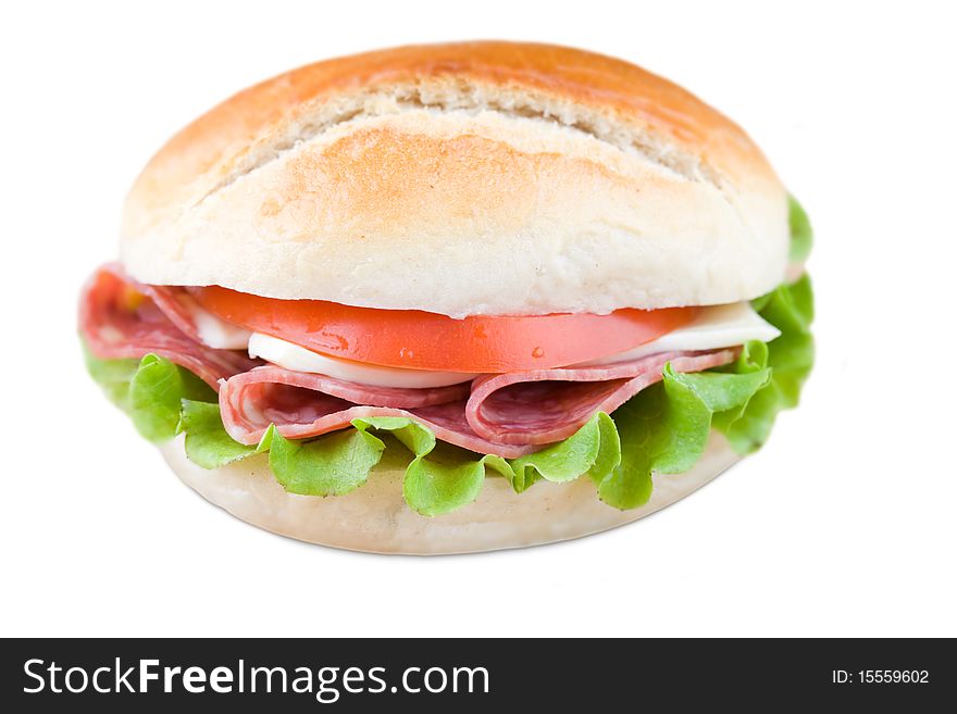 Close up of fresh sandwich with veggies and meat