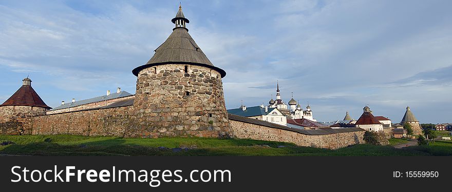 Panorama of Solovki monastery.Walls and towers.