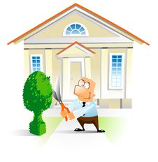 Man Trimming A Bush In Front The House. Royalty Free Stock Images