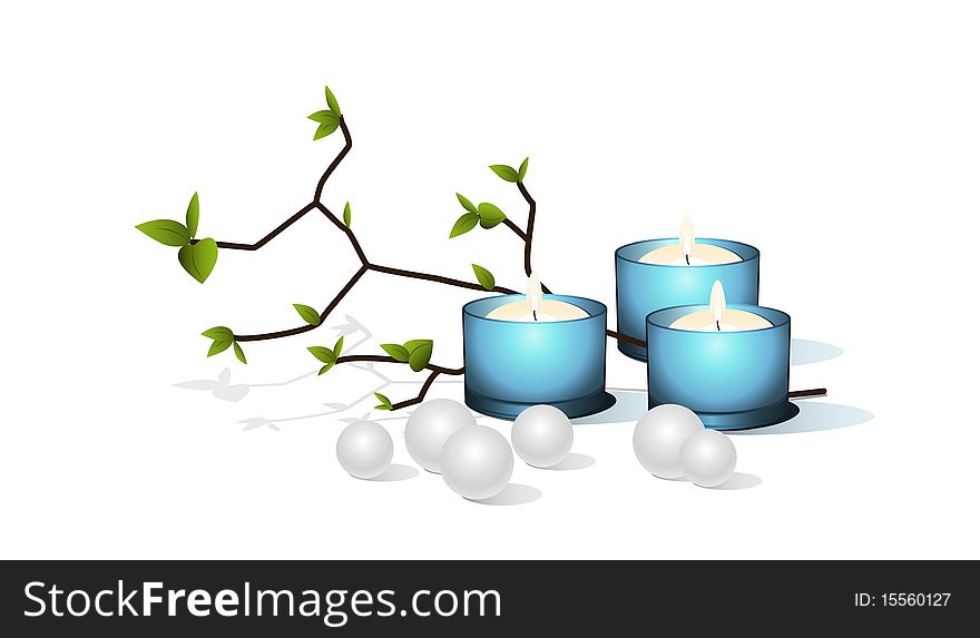 Blue candles and pearls with a branch. Blue candles and pearls with a branch.