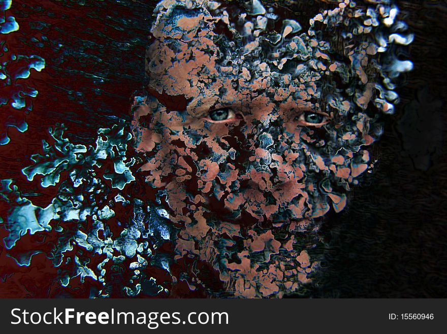 Portrait of a man's lichen-like face. Portrait of a man's lichen-like face