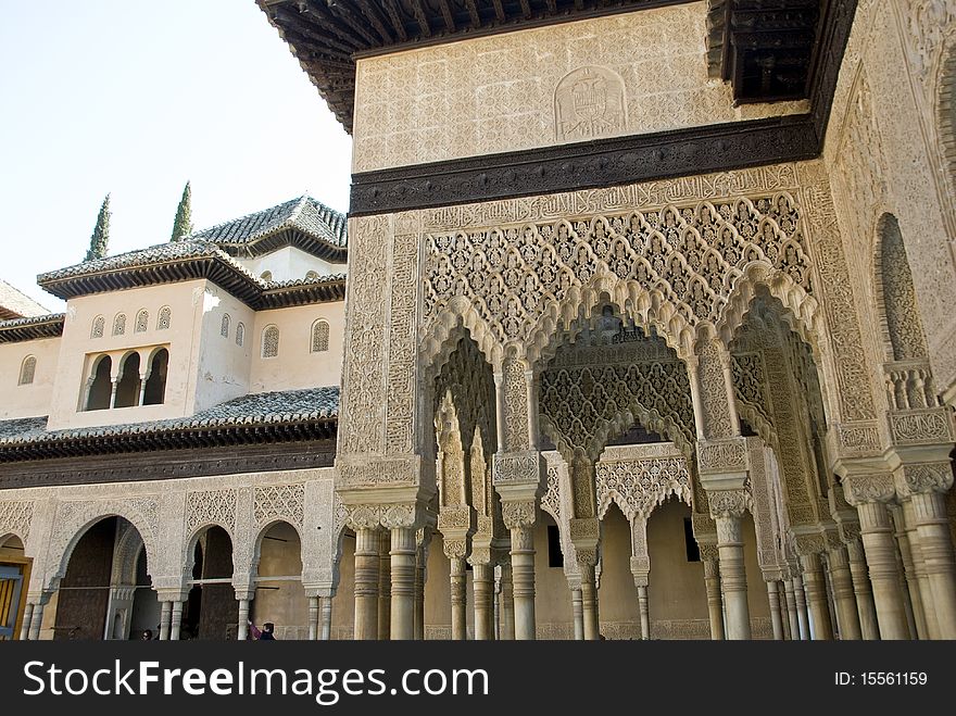 Famous alhambra building in spain, yard.